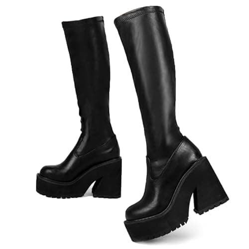 AMINUGAL Womens Elastic Knee High Boots Platform Chunky Block High Heel Sock Boots Zipper Round Toe Fashion Motorcycle Combat Punk Boots For Women Black size 8 - Image 1