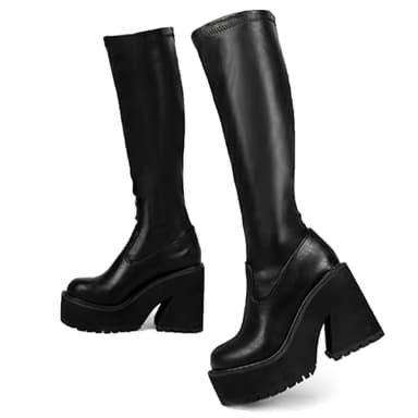 AMINUGAL Womens Elastic Knee High Boots Platform Chunky Block High Heel Sock Boots Zipper Round Toe Fashion Motorcycle Combat Punk Boots For Women Black size 8 - Image 1