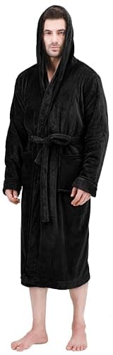 NY Threads Mens Hooded Fleece Bathrobe Plush Long Spa Robe Pack of 1, Large/X-Large, Black - Image 1