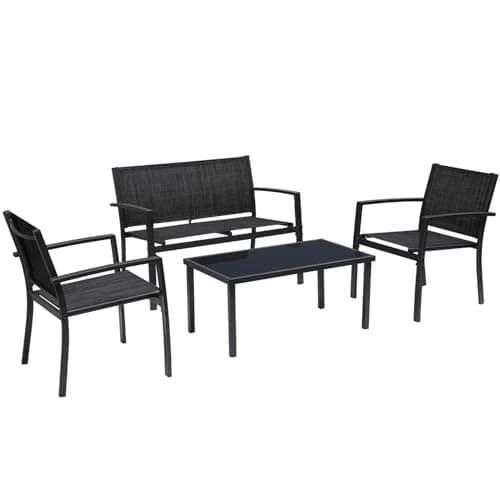 Greesum 4 Pieces Patio Furniture Set Outdoor Conversation Textilene Fabric Chairs for Lawn, Garden, Balcony, Poolside with A Glass Coffee Table, Black - Image 1