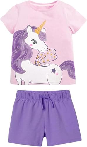 HILEELANG Toddler Girl Summer Short Sets Outfits Cotton Casual Pink Unicorn Top Tee Shirts Purple Shorts Clothing Sets 3T - Image 2