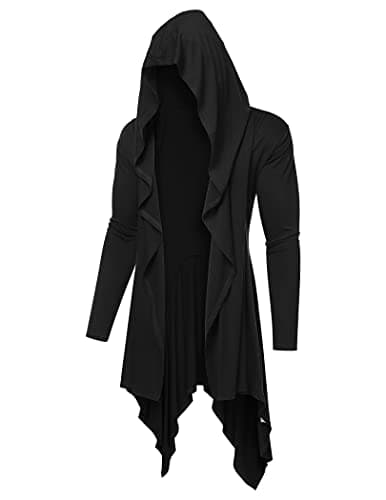 COOFANDY Men's Long Hooded Cardigan Ruffle Shawl Collar Open Front Lightweight Drape Cape Overcoat Pockets, Black, Large - Image 1