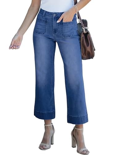 luvamia Wide Leg Jeans for Women Trendy High Waisted Flare Jeans Cropped Denim Pants Stretchy Baggy with Patch Pockets Wide Leg Denim Pants for Women Pants for Womens Fashion Darkness Blue Size 6 - Image 1