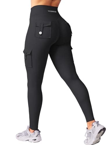 YEOREO Workout Cargo Leggings with Pockets for Women Hidden Scrunch Butt Lifting Hedda Leggings Compression Gym Yoga Pants Black L - Image 1