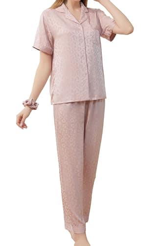 Netcken Women's Satin Silk Pajama Set - Short Sleeve Button-Down Sleepwear & Loungewear, Soft Luxury PJs, L Size Pink - Image 1