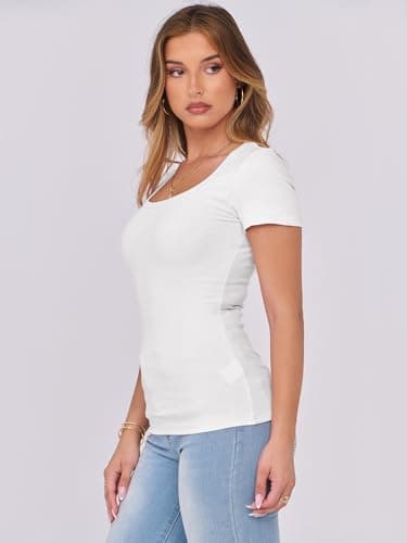 ANRABESS Women Short Sleeve Tops Scoop Neck Ribbed Knit Slim Fitted Basic Tee Shirts Casual Summer Clothes 2025 Fall Outfits White X-Large - Image 5