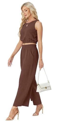 GRECERELLE 2 Piece Sets for Women Summer Resort Wear 2025 Sleeveless Crop Top Wide Leg Pants Sweat Set for Women Coffee-L - Image 3