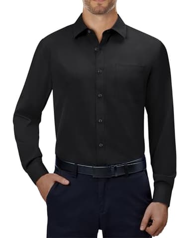 Alimens & Gentle Mens Dress Shirts 4-Way Stretch Long Sleeve Collared Casual Solid Wedding Dating Button Down Shirt Black - Image 1