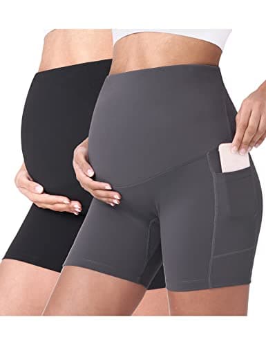 POSHDIVAH 2 Pcs Black Grey Women's Maternity Yoga Shorts Over The Belly Bump Summer Workout Running Active Short Pants with Pockets 5" Small - Image 1