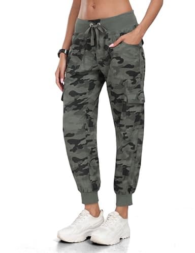 MoFiz Women Cargo Pants with Pockets Lightweight Outdoor Summer Travel Casual Hiking Pants Running Joggers Sweatpants Elastic Waist Camouflage Green XS - Image 3