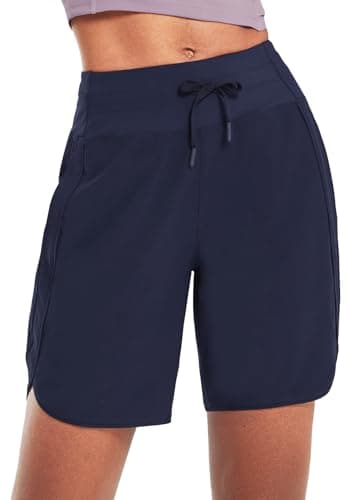 baleaf Women's 7" Long Running Shorts Athletic Workout Gym Quick Dry Hiking Shorts High Waisted Zipper Pocket Navy L - Image 2