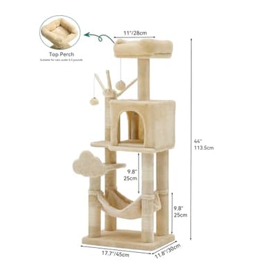 YITAHOME 44in Multi-Level Cat Tree for Indoor Kittens, Cat Furniture with Scratch Posts, Window Padded Plush Perch, Comfortable Hammock, and Interactive Pompoms, Beige - Image 2