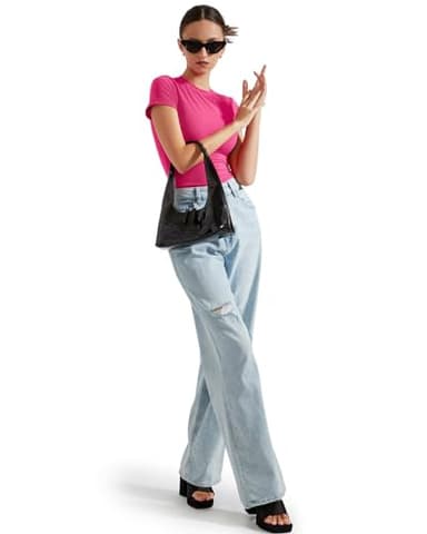 SUUKSESS Women Double Lined Fitted Basic Tee Shirts Crew Neck Short Sleeve Y2K Going Out Crop Tops (Hot Pink, XL) - Image 4