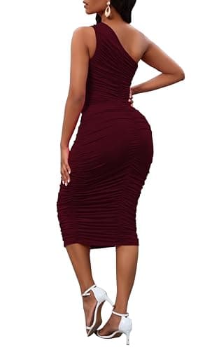 Women One Shoulder Dress Cocktail Sleeveless Sexy Dresses for Women Date Night Bodycon Party Midi Dresses Burgundy Medium - Image 6