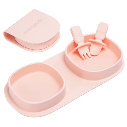 yahaa Silicone Foldable Novelty Dinner Plates,Baby Plates Travel Essential with Forks and Spoons,Microwave & Dishwasher Safe,Blush - Image 1