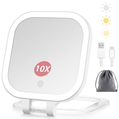 DESCHEN Rechargeable Travel Makeup Vanity Mirror with Lights and Magnification, Portable 1X/10X Magnifying Mirror with 3 Color Light, Lighted Makeup Mirror with Magnification, Folding LED Desk Mirror - Image 1
