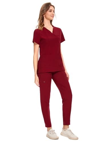 COZYFIT Medical Scrubs for Women Set - Curved V-Neck Scrub Top & Jogger Pants with 8 Pockets - Burgundy, M - Image 3
