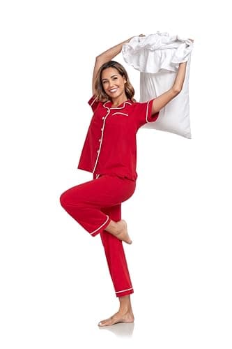 COLORFULLEAF Women's 100% Cotton Pajamas Set Button Down Sleepwear Short Sleeve Shirt and Long Pants Soft Ladies Lounge Sets(Cherry,XL) - Image 4