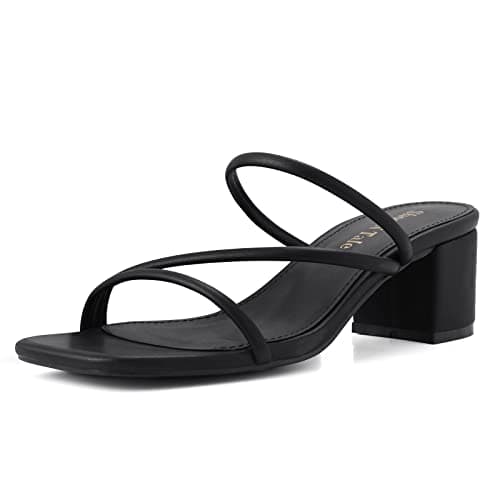 Shoe'N Tale Strappy Heels For Women Low Chunky Block Heel Heeled Sandals Square Open Toe Slip On Slides Mules(8.5,Black) - Image 1