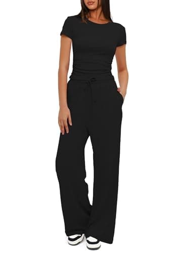Darong Women's Two Piece Outfits Lounge Sets Ruched Short Sleeve Pullover Tops and High Waisted Pants Tracksuit Sets 9042B Black M - Image 1