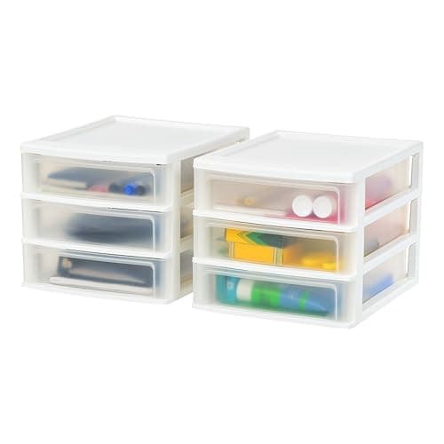 IRIS USA Plastic Stacking Desk Top 3-Drawer Storage Organizer, 2-Pack, for Makeup Vanity Nail Polish Bathroom Stationery Art Craft Supplies Kitchen Office Garage and Small Organization, Medium, White - Image 1