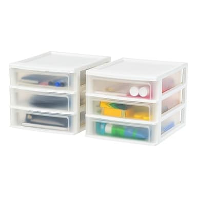 IRIS USA Plastic Stacking Desk Top 3-Drawer Storage Organizer, 2-Pack, for Makeup Vanity Nail Polish Bathroom Stationery Art Craft Supplies Kitchen Office Garage and Small Organization, Medium, White - Image 1