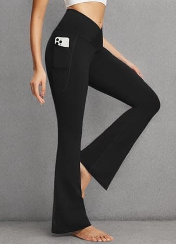 baleaf Women's Flare Leggings with Pockets Crossover Flared High Waist Petite Yoga Pants Tummy Control Bootcut Leggings Black 29" M - Image 6