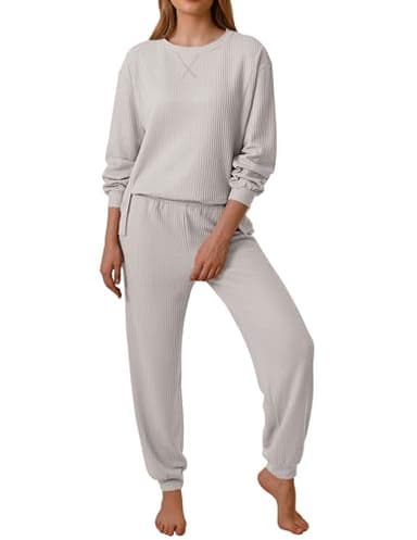 Ekouaer Waffle Knit Lounge Sets for Women Long Sleeve Pajamas Set with Pockets 2 Pieces Outfits Top and Pants Light Grey - Image 1