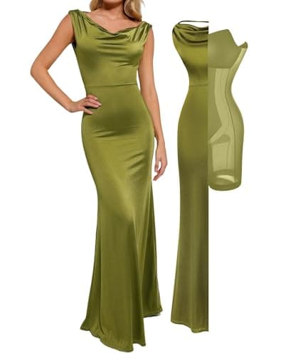 Popilush Women Shapewear Maxi Dress Sleeveless Long Formal Cocktail Party Elegant Bodycon Dresses Built-in Bra Green - Image 1