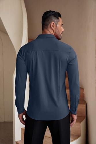 COOFANDY Men's Wrinkle Free Shirts Long Sleeve Slim Fit Dress Shirt Casual Button Down Shirt Dark Blue - Image 7