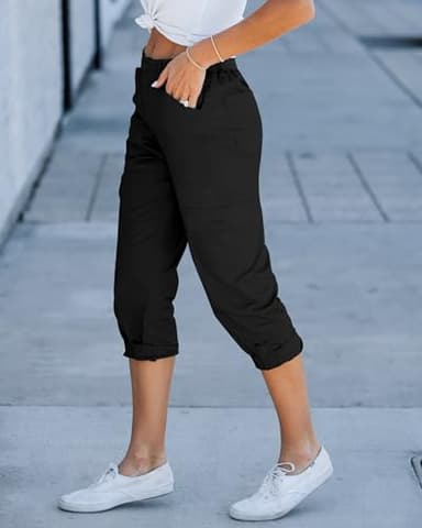 GRAPENT Pants for Women Womens Cargo Pants with Pockets Women Summer Clothes Short Pants for Women Lounge Pants Elastic Waist Women's Capris and Cropped Pants Color Black Large Size 12 Size 14 - Image 4