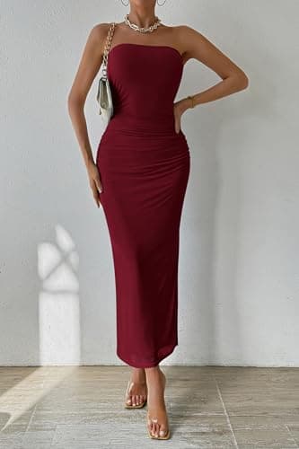 PRETTYGARDEN Women's Summer Wedding Guest Dress Strapless Tube Top Maxi Bodycon Long Mesh Beach Vacation Party Dresses (Solid Wine Red,Large) - Image 5