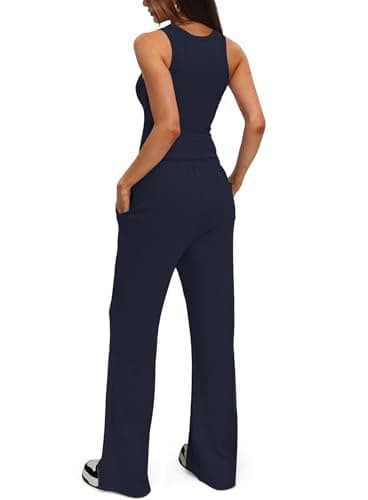 Darong Women's Two Piece Outfits Lounge Sets Ruched Sleeveless Pullover Tops and Elastic Waisted Pants Tracksuit Sets 9054B Dark Blue S - Image 2