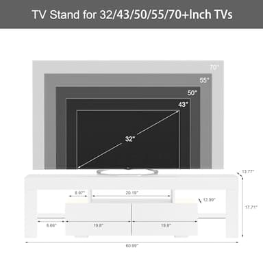 JUMMICO TV Stand with LED Lights, Modern Entertainment Center Media and Open Shelf Console Table Storage Desk with 1 Drawer and Remote Control 20 Color LED Lights up to 70 Inch TV (White) - Image 3