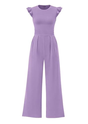 PRETTYGARDEN Summer Jumpsuits for Women Dressy 2025 Fashion Ruffle Cap Sleeve Romper Crew Neck Rib Knit One Piece Outfits (Light Purple,Large) - Image 1