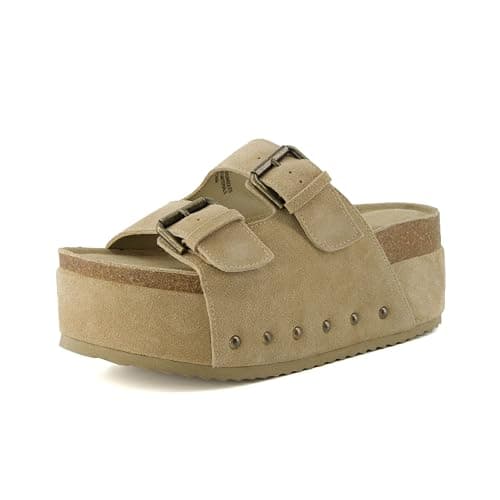 CUSHIONAIRE Guru Platform Sandals Women Footwear – Comfortable Genuine Leather Footbed Studded Chunky Slide Summer Sandals for Women 2025, KHAKI 6 - Image 1