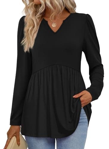 Long Sleeve Shirts for Women Fall V Neck Babydoll Tops Black Maternity Clothes Plus Size Winter Clothing XL - Image 1