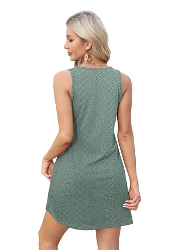 OFEEFAN Swimsuit Coverup for Women Summer Dresses 2025 Loose V Neck Swing Tank Dress Sundresses with Pockets Eyelet Green S - Image 5