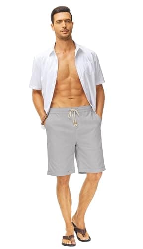 Janmid Men's Linen Shorts Casual Elastic Waist Drawstring Summer Beach Shorts Dark Grey L - Image 5