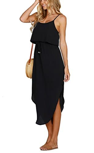 NERLEROLIAN Women's Adjustable Strappy Split Summer Beach Casual Midi Dress Black - Image 2