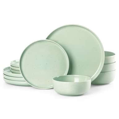 Famiware Dawn Plates and Bowls Sets, 12 Pieces Stoneware Dinnerware Sets, Dishes Set for 4, Microwave and Dishwasher Safe, Light Green - Image 1