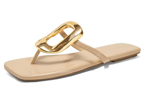 Coutgo Womens Flat Sandals Dress Slide Sandals Thong Summer Beach Shoes with Metal Decorationn,Light Khaki,size 6 - Image 1