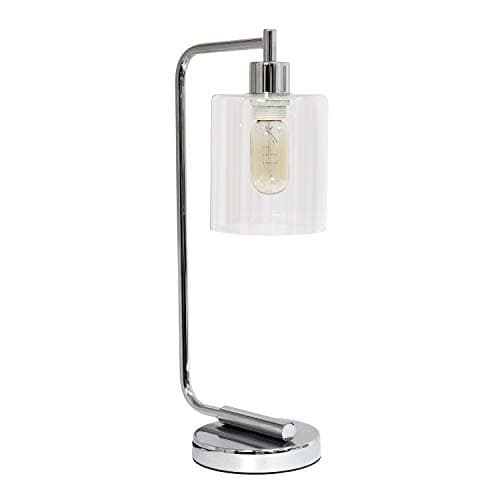 Simple Designs LD1036-CHR Bronson Antique Style Industrial Iron Lantern Desk Bedside Glass Shade Table Lamp, Chrome - Image 1