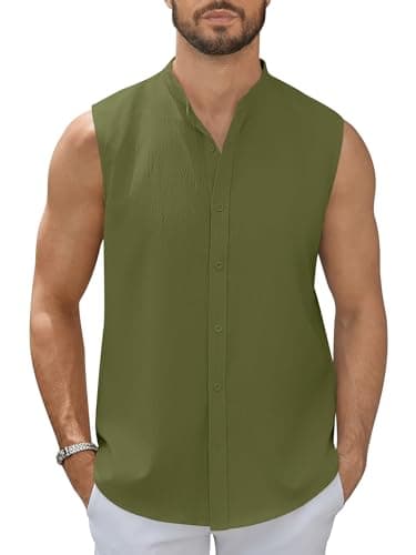 hawalili Men's Button Down Sleeveless Shirts Summer Beach Tank Tops Casual Textured Tank T-Shirt Army Green - Image 1