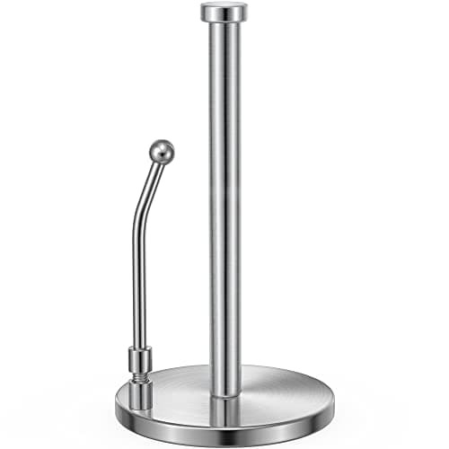 SMARTAKE Paper Towel Holder, Paper Towel Dispenser Standing Weighted Base Non Slip, Spring Arm for Easy Tear, Stainless Steel Paper Towel Holder for Home Kitchen Countertop Tabletop, Silver - Image 1