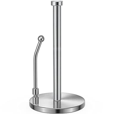 SMARTAKE Paper Towel Holder, Paper Towel Dispenser Standing Weighted Base Non Slip, Spring Arm for Easy Tear, Stainless Steel Paper Towel Holder for Home Kitchen Countertop Tabletop, Silver - Image 1