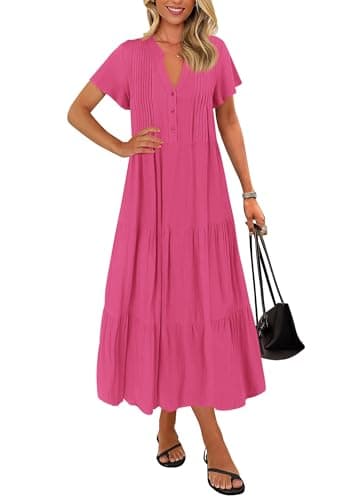 KIRUNDO Summer Maxi Dresses for Women 2025 Spring Fashion Short Sleeve Button V Neck Pleated Loose Tiered Swing Flowy Dress(Rose Red, X-Large) - Image 1