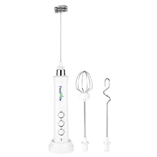 FoodVille MF09 3 in 1 Rechargeable Milk Frother Handheld Foam Maker with Charging Stand & 3 Stainless Steel Whisks (White without Case) - Image 1