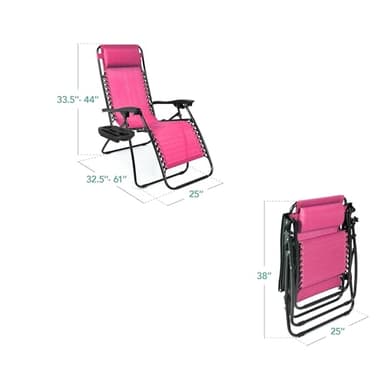 Best Choice Products Set of 2 Adjustable Steel Mesh Zero Gravity Lounge Chair Recliners w/Pillows and Cup Holder Trays - Pink - Image 2