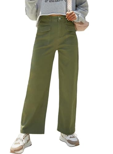 Dokotoo Women's Pants High Waisted Cargo Pants Womens Wide Leg Baggy Jeans for Women Straight 2025 Spring Outfits Fashion Clothes Casual Trendy Pocket Teen Girls Trousers Stretch Denim Green - Image 4